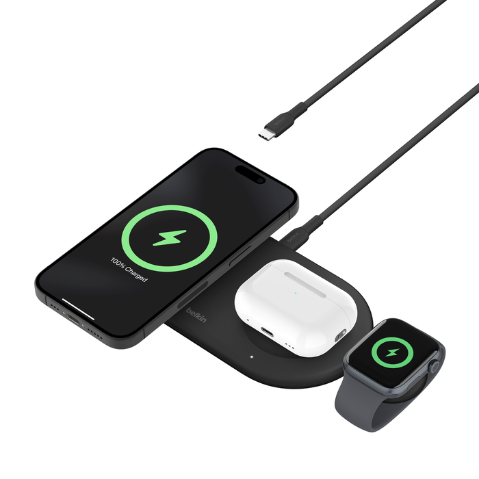 3-in-1 Magnetic Wireless Charging Pad with Qi2 15W, Black, hi-res