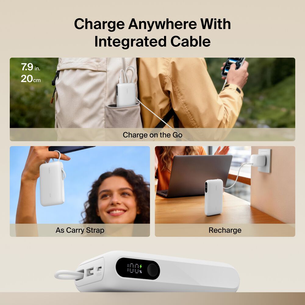 Power Bank 10K with Integrated Cable and Display, White, hi-res