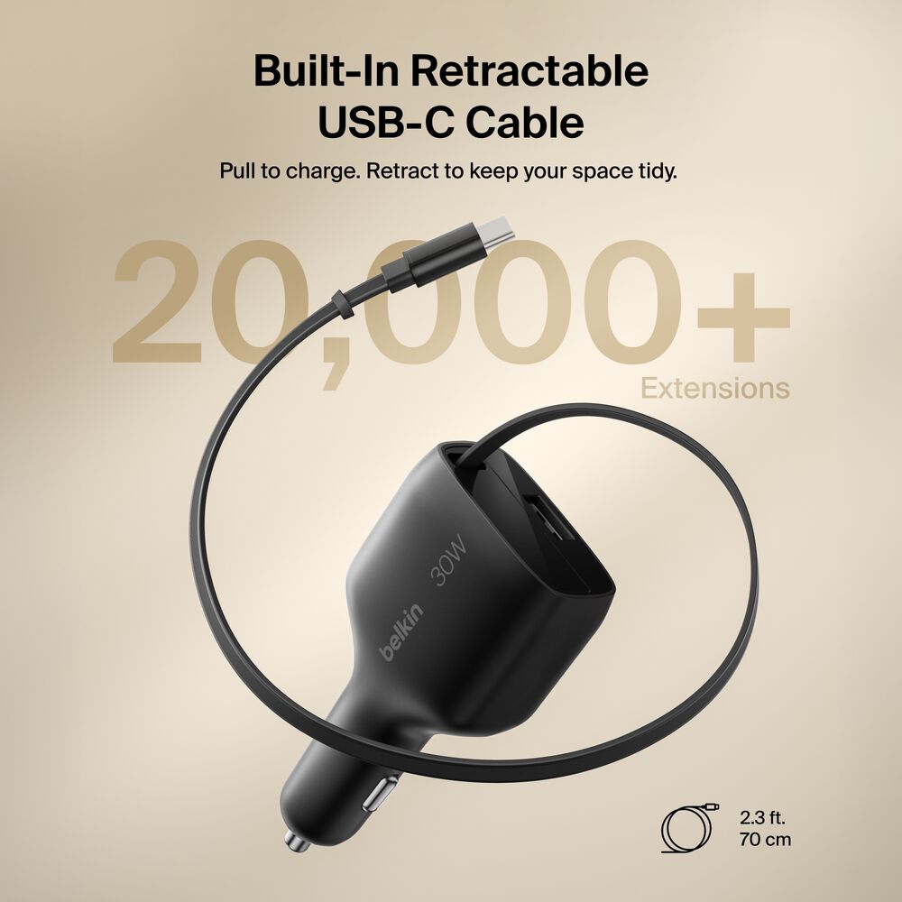 Retractable Car Charger 30W, Black, hi-res
