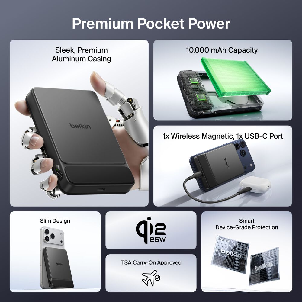 Slim Magnetic Power Bank 10K, Black, hi-res