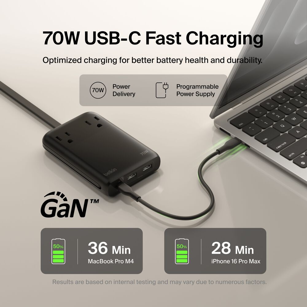 2-Outlet Charging Station with USB Ports and USB-C Cable 70W, Black, hi-res