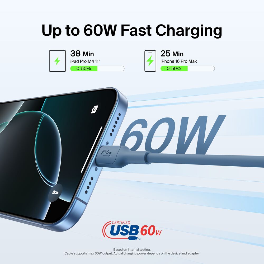 USB-C to USB-C Cable 60W, 3.3ft/1m, Blue, Blue, hi-res