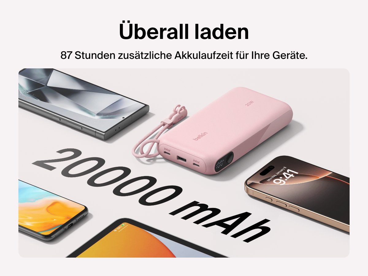 Es wird gezeigt, dass die Belkin BoostCharge Powerbank 20K mit Display mit einer Kapazit&auml;t von 20.000&nbsp;mAh f&uuml;r bis zu 87&nbsp;Stunden zus&auml;tzliche Akkulaufzeit sorgt, dass sie ein kompaktes Format hat und mit einem abnehmbaren USB-C-Kabel zum Laden unterwegs versehen ist.