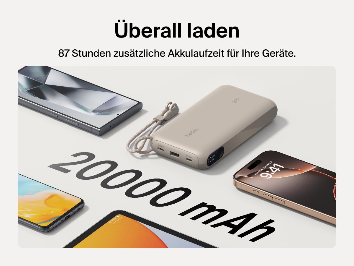 Es wird gezeigt, dass die Belkin BoostCharge Powerbank 20K mit Display mit einer Kapazit&auml;t von 20.000&nbsp;mAh f&uuml;r bis zu 87&nbsp;Stunden zus&auml;tzliche Akkulaufzeit sorgt, dass sie ein kompaktes Format hat und mit einem abnehmbaren USB-C-Kabel zum Laden unterwegs versehen ist.