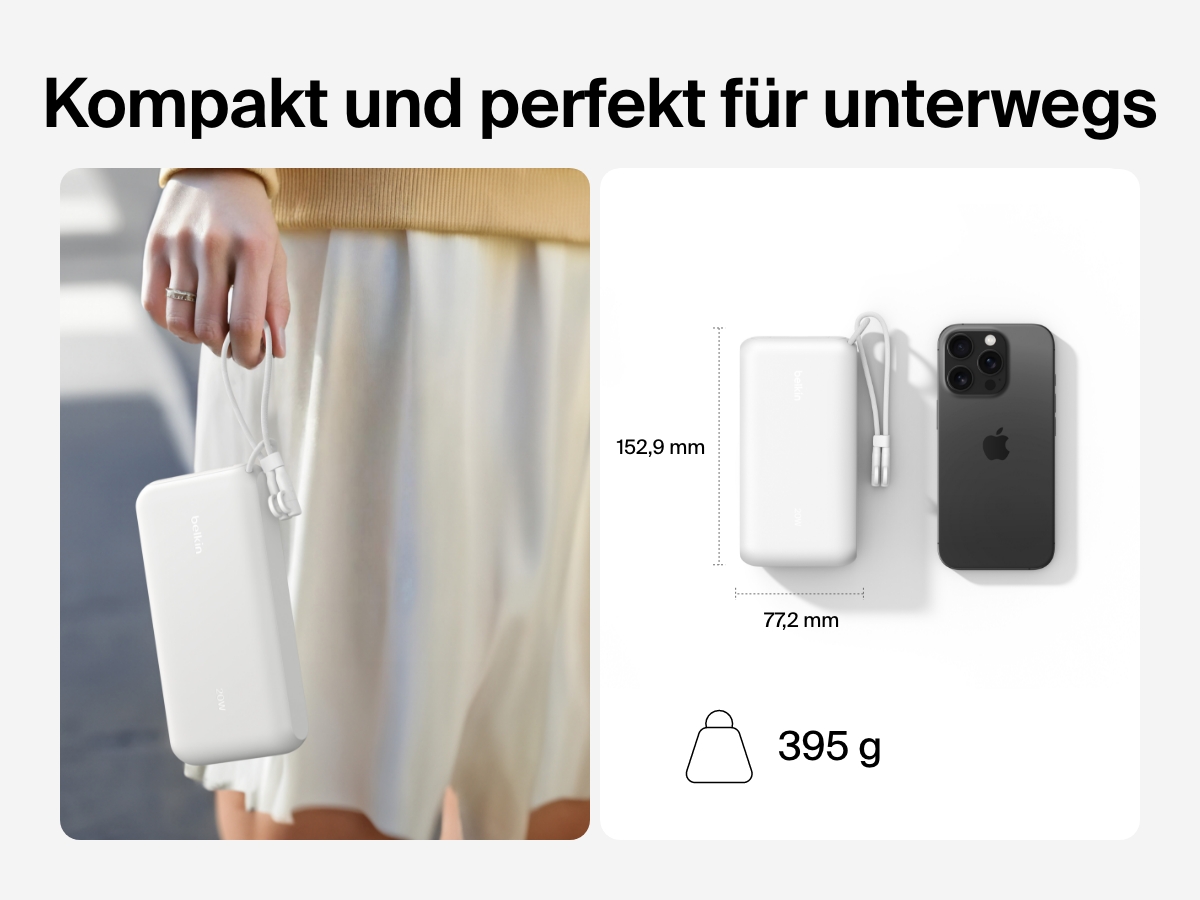 Die Belkin BoostCharge Powerbank 20K mit Display wird in einer Hand und neben einem Smartphone gezeigt, um das kompakte Format f&uuml;r unterwegs mit Abmessungen von 153 x 77&nbsp;mm und dem leichten Gewicht von 395&nbsp;g zu veranschaulichen.