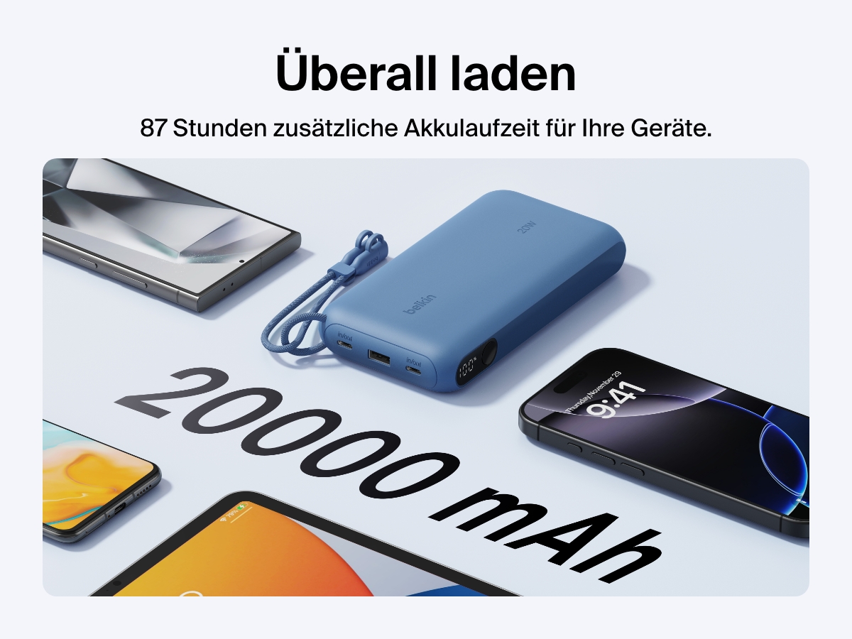 Es wird gezeigt, dass die Belkin BoostCharge Powerbank 20K mit Display mit einer Kapazit&auml;t von 20.000&nbsp;mAh f&uuml;r bis zu 87&nbsp;Stunden zus&auml;tzliche Akkulaufzeit sorgt, dass sie ein kompaktes Format hat und mit einem abnehmbaren USB-C-Kabel zum Laden unterwegs versehen ist.