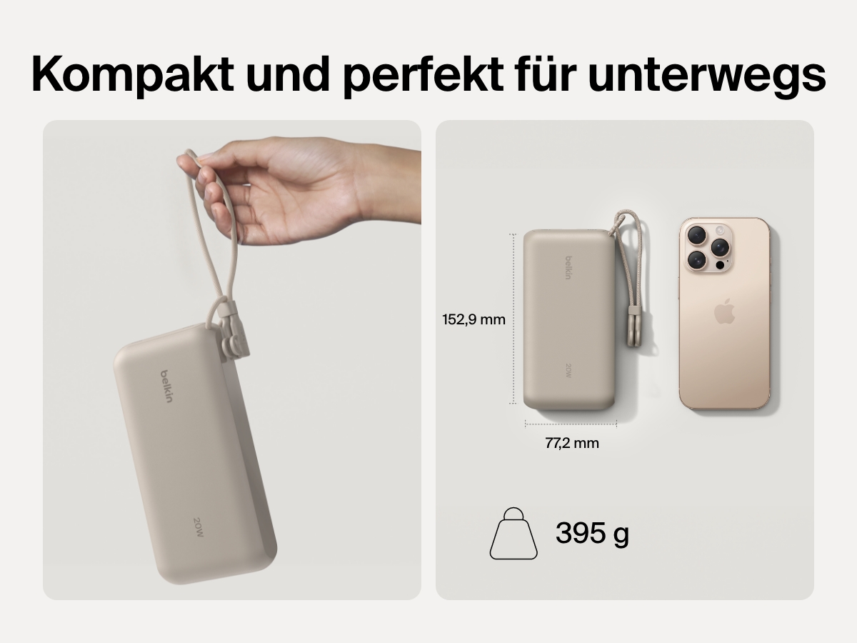 Die Belkin BoostCharge Powerbank 20K mit Display wird in einer Hand und neben einem Smartphone gezeigt, um das kompakte Format f&uuml;r unterwegs mit Abmessungen von 153 x 77&nbsp;mm und dem leichten Gewicht von 395&nbsp;g zu veranschaulichen.