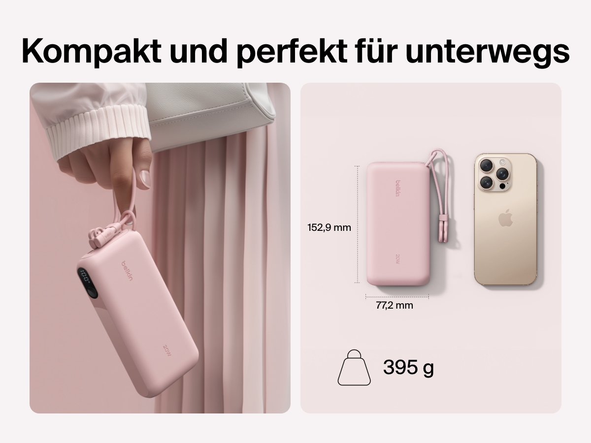 Die Belkin BoostCharge Powerbank 20K mit Display wird in einer Hand und neben einem Smartphone gezeigt, um das kompakte Format f&uuml;r unterwegs mit Abmessungen von 153 x 77&nbsp;mm und dem leichten Gewicht von 395&nbsp;g zu veranschaulichen.