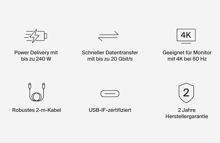 Belkin Connect USB4-Kabel (2-m-Ladekabel), USB-C-auf-USB-C-Kabel mit 240-W-Power&nbsp;Delivery und 20&nbsp;Gbit/s&nbsp;&ndash; USB4-konformes Ladekabel, kompatibel mit Ger&auml;ten wie MacBook, Windows-Laptops und Chromebook