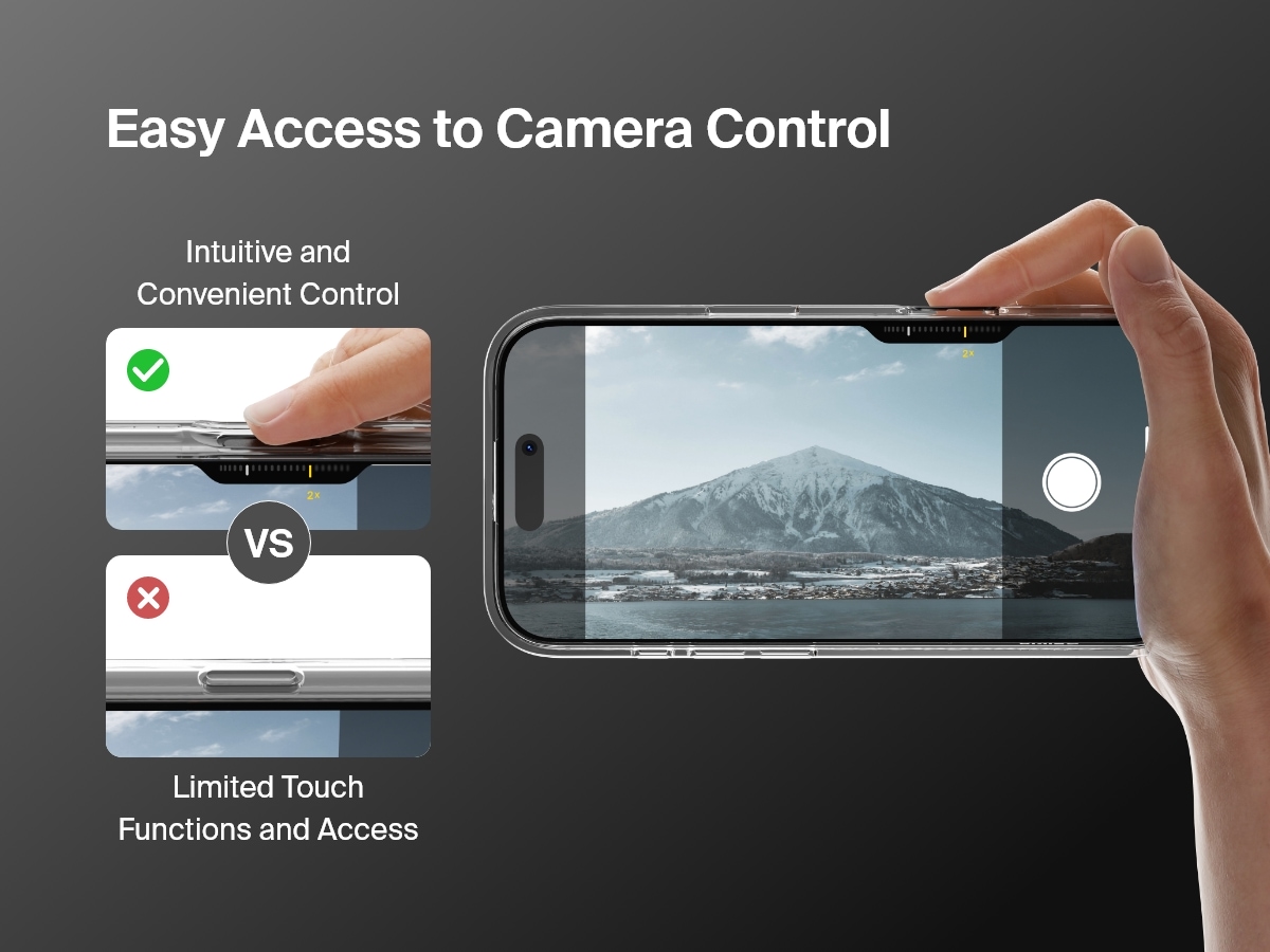 使用 SheerForce&trade; 磁吸式 iPhone 保护壳时可轻松操控摄像机控件的演示。该图像将这款保护壳的直观便捷的控件与竞争对手的妨碍触摸功能和操作的设计进行了比较。图中展示了一只手在平稳地调整摄像头变焦，突显保护壳的精确开口，它可带来顺畅的用户体验。