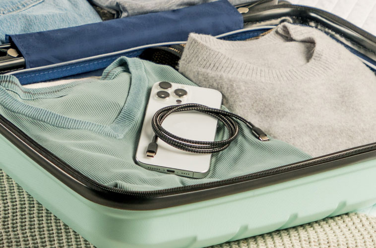 Reisvriendelijke 60 W gevlochten USB-C-kabel, netjes neergelegd in een ingepakte koffer" "Compacte USB-C-powerbank voor op reis met wandlader naast opgevouwen kleding in een koffer