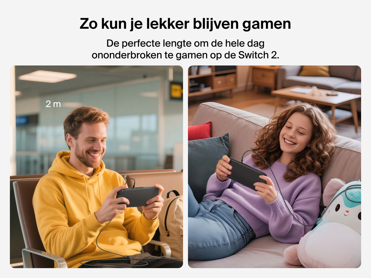 De Belkin Gaming 60&nbsp;W USB-C/USB-C-kabel voor Nintendo Switch&nbsp;2 heeft een lengte van 2&nbsp;m om thuis of onderweg op te laden en lekker te gamen zonder onderbrekingen.