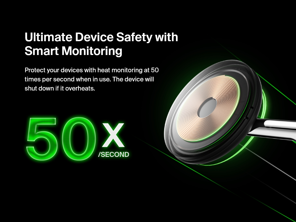 Close-up image of a black Belkin BoostCharge Pro 3-in-1 Magnetic Wireless Charging Stand with Qi2 15W, highlighting its smart monitoring feature that checks for overheating 50 times per second to ensure device safety.