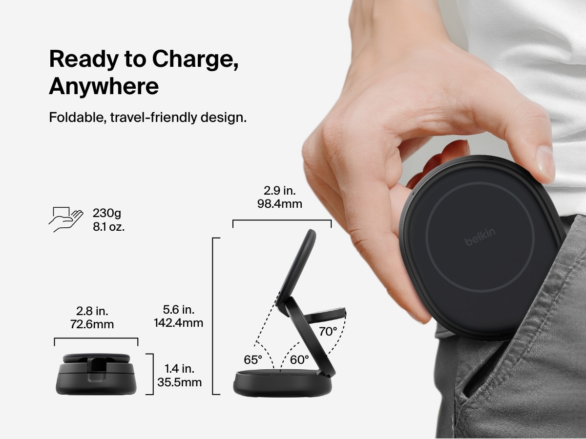 Belkin BoostCharge Qi2 3-in-1 Compact Magnetic Charging Standは、持ち運びのために折りたたんだ状態で表示されており、旅行に便利なサイズ、230gの軽量設計、調整可能な視野角が強調されています。