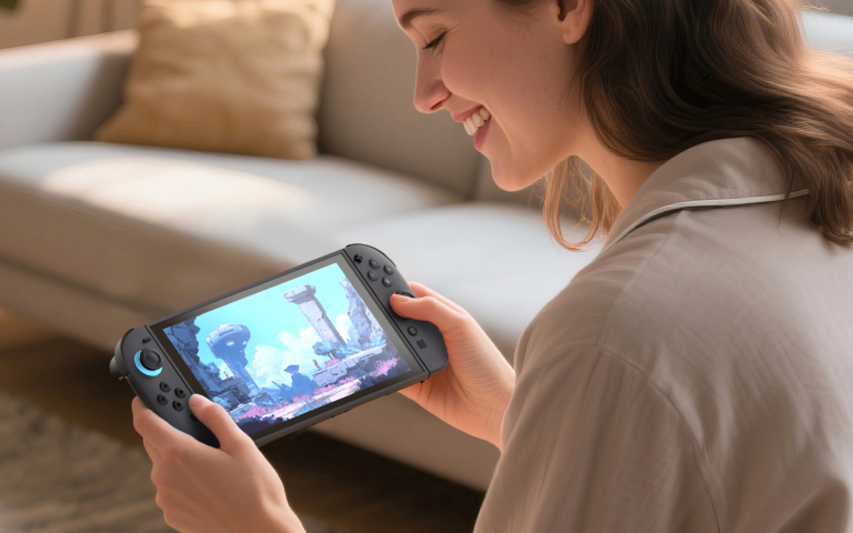A smiling woman sits comfortably indoors on a beige armchair, playing a video game on Nintendo Switch 2 with a Blue Light filter screen protector attached. The game screen displays a colorful sci-fi landscape with tall structures and a bright sky. The setting is cozy and softly lit, with another armchair and a rug visible in the background, creating a relaxed and enjoyable atmosphere for gaming.
