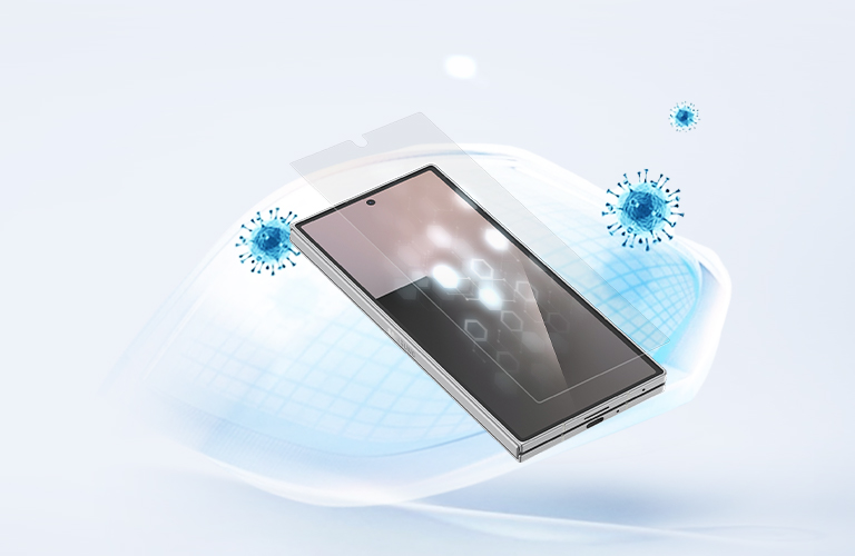 Close-up view of a Samsung Galaxy S25 Edge with a screen protector applied, showcasing full 360° screen protection with a magnified detail.