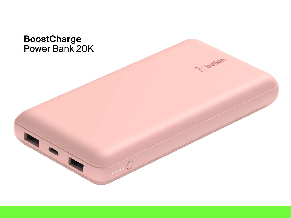 A Belkin BoostCharge Power Bank 20K with dual USB-A ports, a USB-C port, LED battery indicator lights, and a power button is shown on a white background.