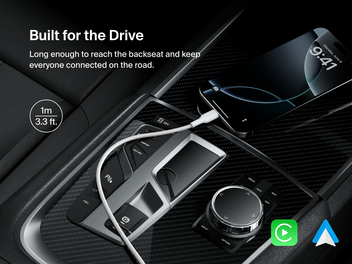 Belkin BoostCharge Pro Braided USB-C to USB-C Cable 60W in 1m (3.3ft) length shown powering a smartphone in a car, ideal for backseat reach and seamless Android Auto or Apple CarPlay connectivity.
