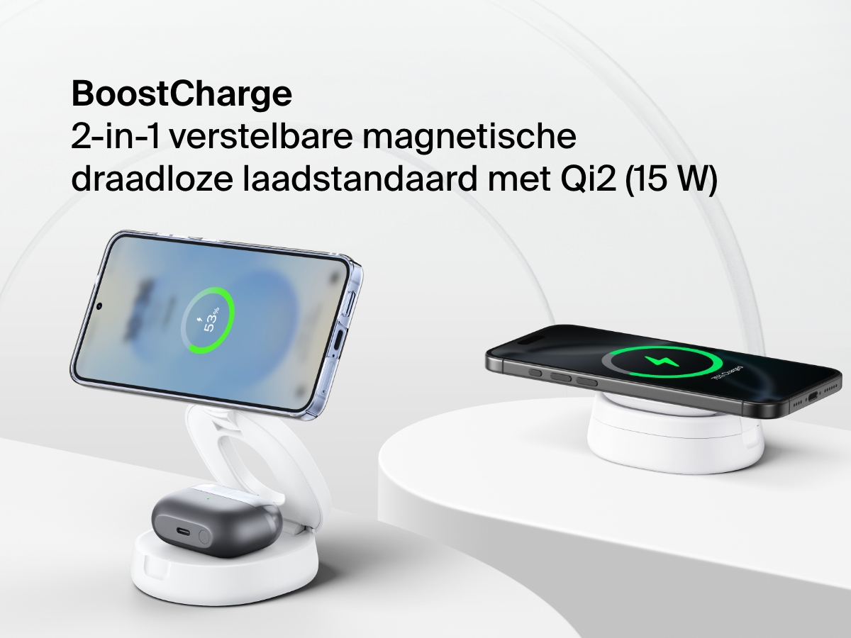 Belkin BoostCharge 2-in-1 Convertible Magnetic Charging Stand with Qi2 15W shown charging a smartphone and wireless earbuds in both upright and flat configurations.