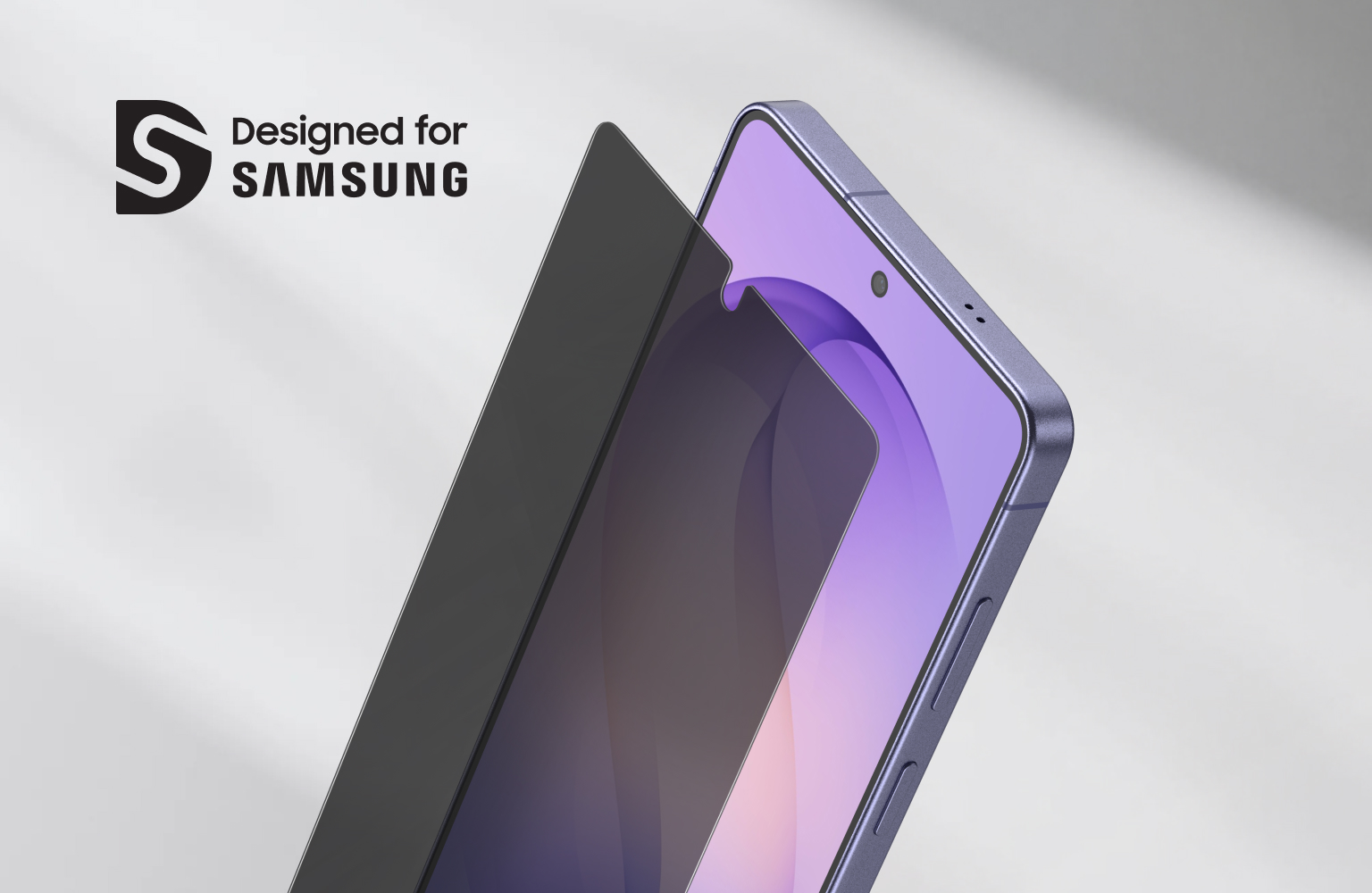 Smartphone shown at an angle with a dark privacy screen protector partially lifted, illustrating tinted viewing protection and precise front camera cutout.
