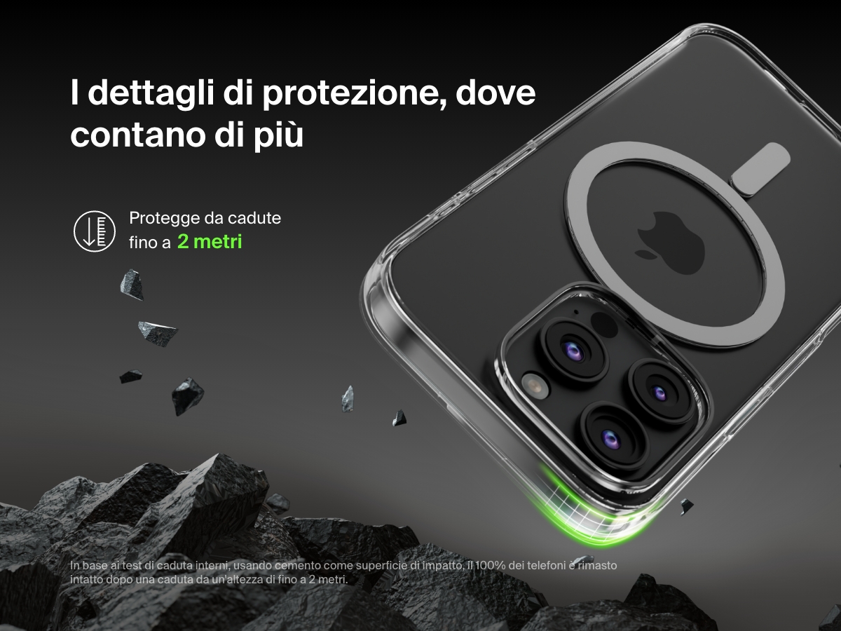 A SheerForce&trade; Magnetic iPhone Case falling onto a rocky surface, emphasizing its 2-meter drop protection. The text highlights the case's durability and ability to withstand drops from up to 2 meters, based on internal drop tests on concrete. The image conveys a rugged, protective design, ensuring enhanced impact resistance for your iPhone.