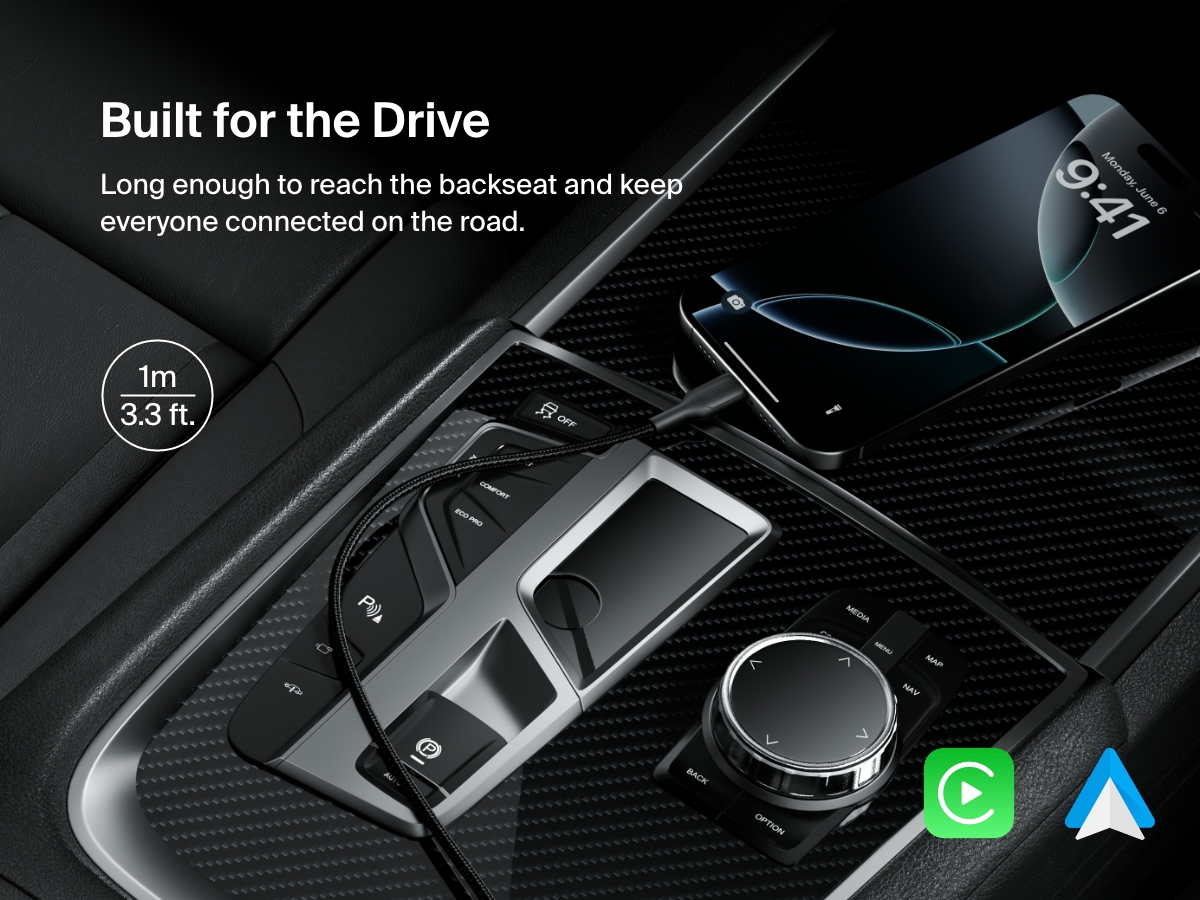 Belkin BoostCharge Pro Braided USB-C to USB-C Cable 60W in 1m (3.3ft) length shown powering a smartphone in a car, ideal for backseat reach and seamless Android Auto or Apple CarPlay connectivity.