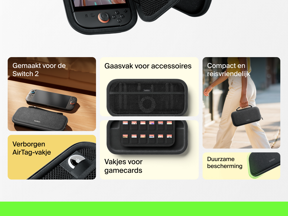 Informatieve afbeelding waarop de kenmerken van de Belkin Gaming opberghoes voor de Nintendo Switch 2 worden afgebeeld, waaronder het gaasvak voor accessoires, de gamecard-insteekvakjes, het verborgen AirTag-vakje en de compacte, duurzame vormgeving.