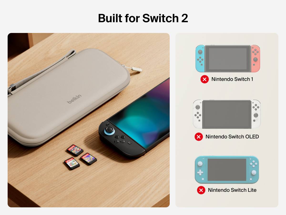 The Belkin Gaming Travel Case is shown beside a Nintendo Switch 2, with icons indicating compatibility exclusively with Switch 2&mdash;not with Switch 1, OLED, or Lite models.