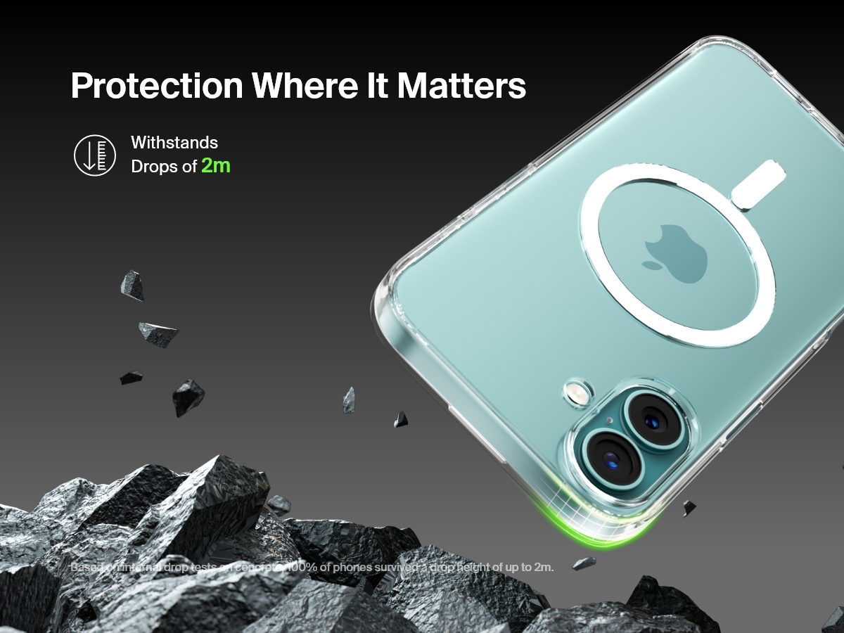 A SheerForce&trade; Magnetic iPhone Case falling onto a rocky surface, emphasizing its 2-meter drop protection. The text highlights the case's durability and ability to withstand drops from up to 2 meters, based on internal drop tests on concrete. The image conveys a rugged, protective design, ensuring enhanced impact resistance for your iPhone.