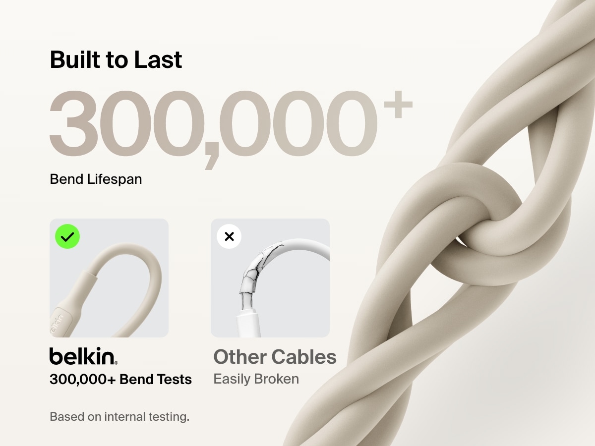 Belkin BoostCharge USB-C Cable with Lightning Connector is built to last with a 300,000+ bend lifespan, outperforming standard cables in durability tests.