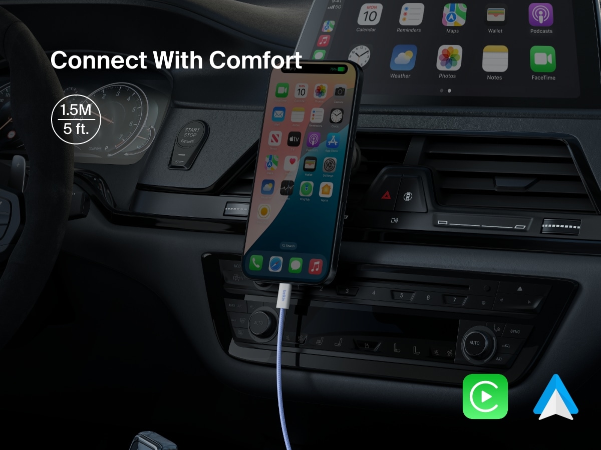Image showing the Belkin BoostCharge USB-C to USB-C Cable 60W in a car setup with a 1.5-meter (5 ft.) length, enabling easy charging and seamless Apple CarPlay and Android Auto connectivity.