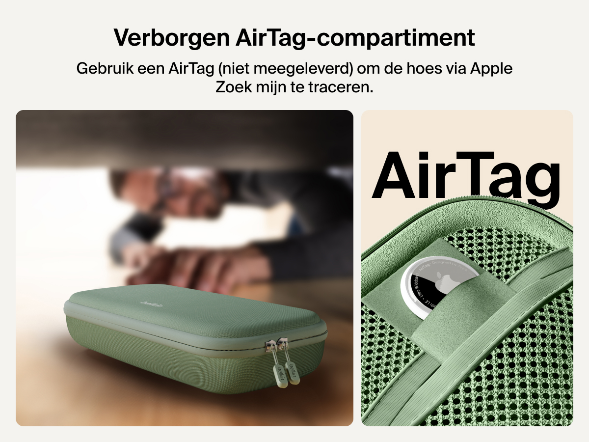 Belkin Gaming Charging Case for Nintendo Switch 2 shown with a hidden AirTag compartment, allowing easy tracking through Apple Find My (AirTag not included).
