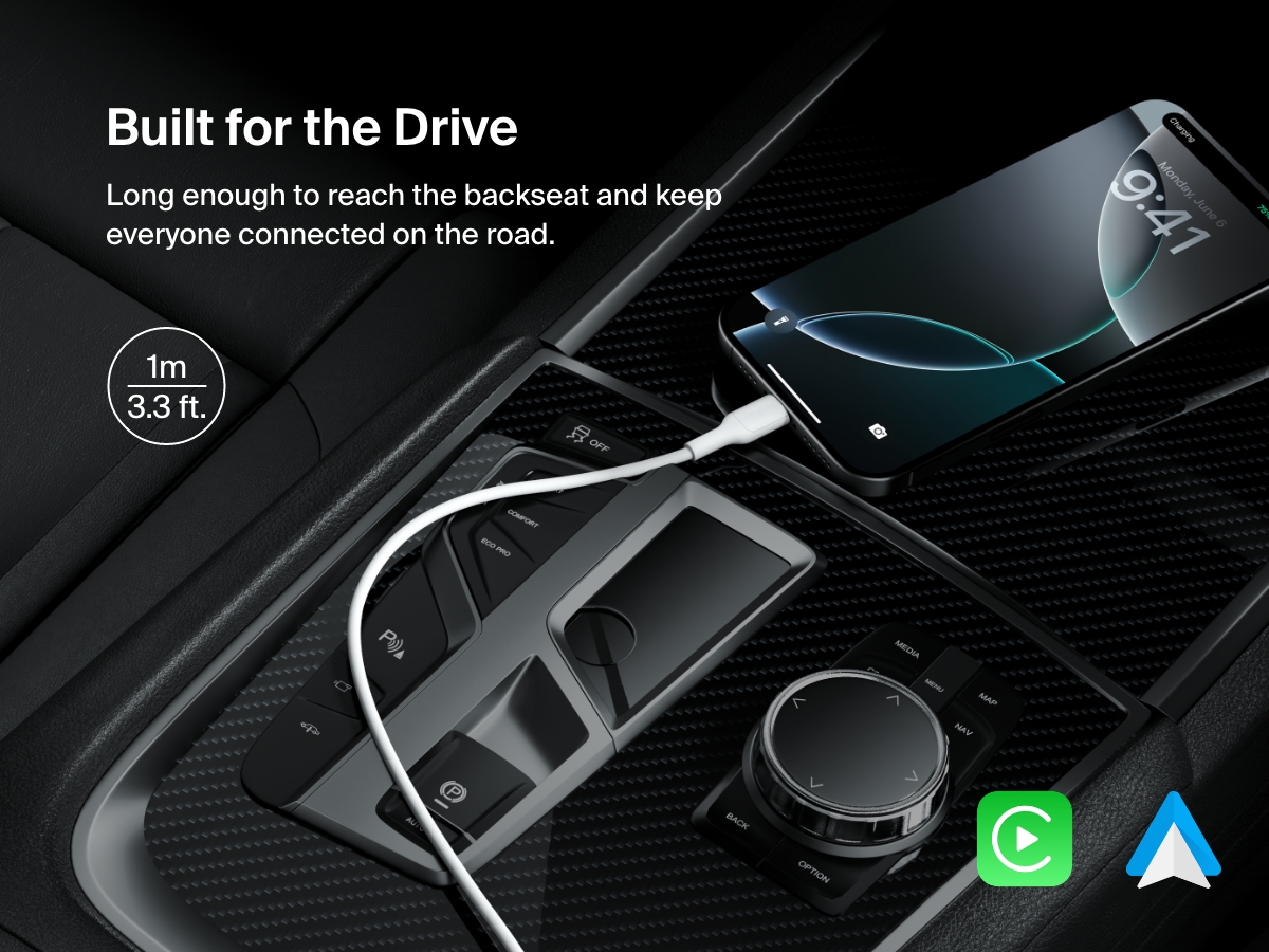 Belkin BoostCharge Pro USB-C to USB-C Braided Cable 60W shown powering a smartphone in a car, with a 3.3 ft length ideal for backseat connectivity and support for Apple CarPlay and Android Auto.