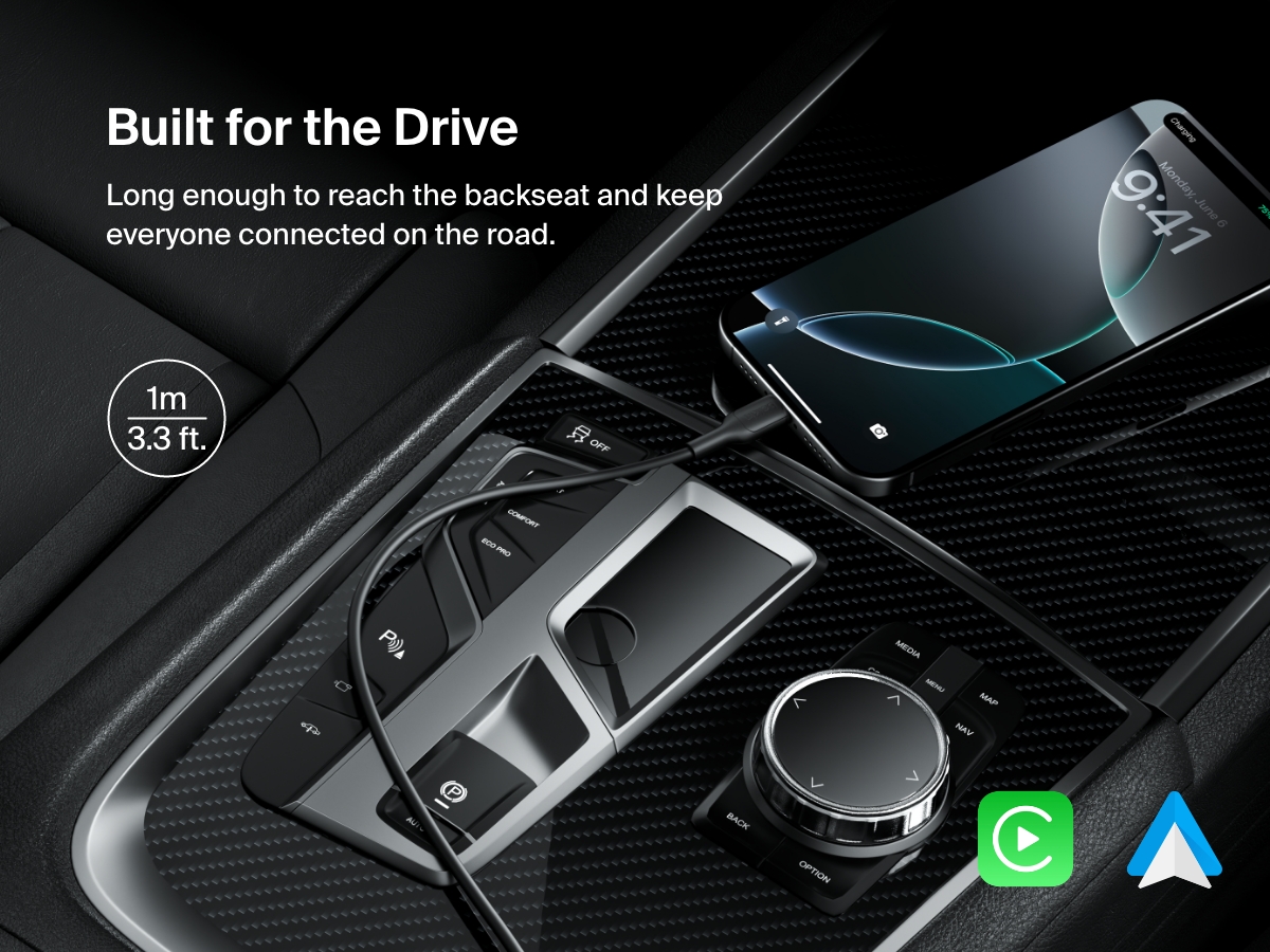 Belkin BoostCharge Pro USB-C to USB-C Braided Cable 60W shown powering a smartphone in a car, with a 3.3 ft length ideal for backseat connectivity and support for Apple CarPlay and Android Auto.