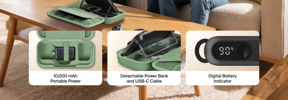 Nintendo Switch charging case with built-in 10,000 mAh power bank, detachable USB-C cable, and digital battery indicator, shown in a travel-friendly setup.