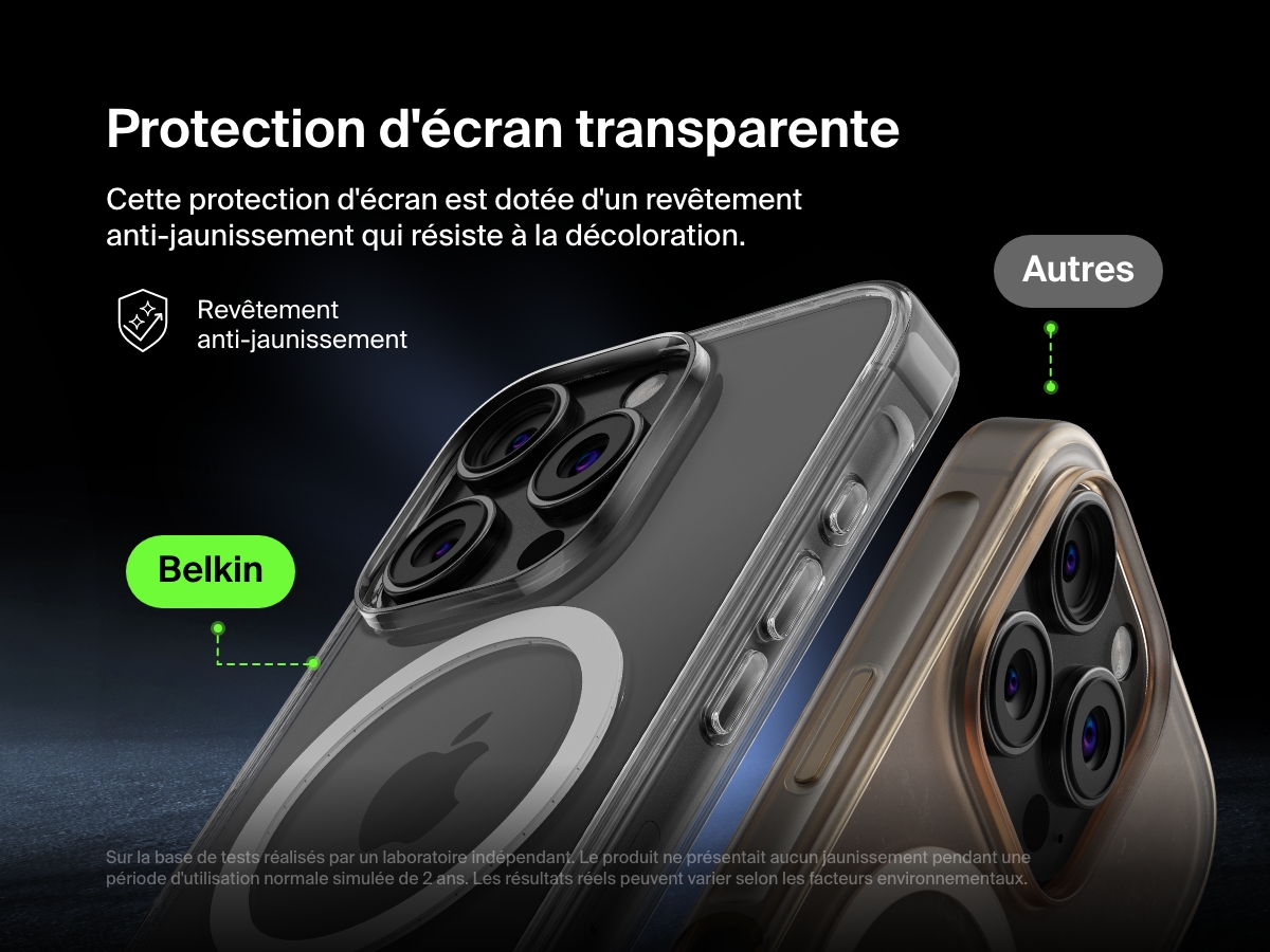 A comparison image showcasing the anti-yellowing technology of the Belkin SheerForce&trade; Magnetic iPhone Case. The Belkin case remains crystal clear over time, while a competing case appears yellowed. The text highlights the long-lasting clarity and resistance to discoloration, ensuring the case maintains its sleek, transparent design even after extended use.