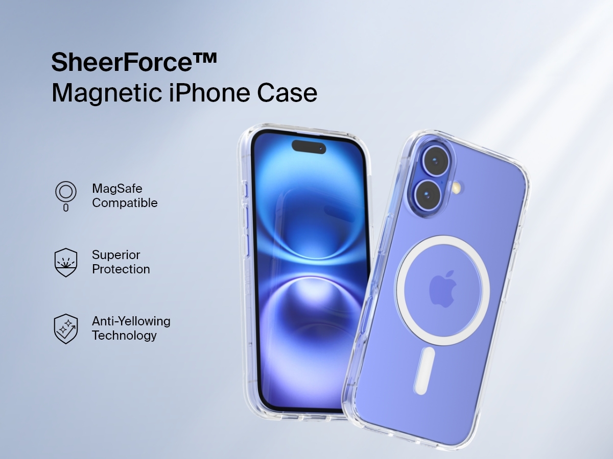 A promotional image of the SheerForce&trade; Magnetic iPhone Case, featuring a clear, MagSafe-compatible design. The case offers anti-yellowing technology and superior protection while maintaining the sleek look of the iPhone. The image highlights key features with icons, including MagSafe compatibility, durability, and long-lasting clarity.