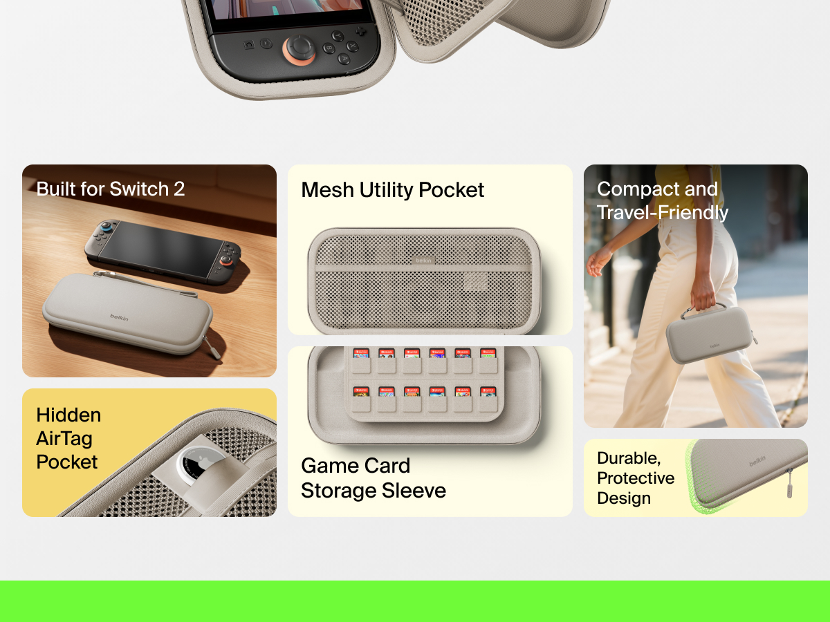 Infographic highlighting the Belkin Gaming Travel Case for Nintendo Switch 2 with features like a mesh utility pocket, game card sleeve, hidden AirTag pocket, and compact, durable design.
