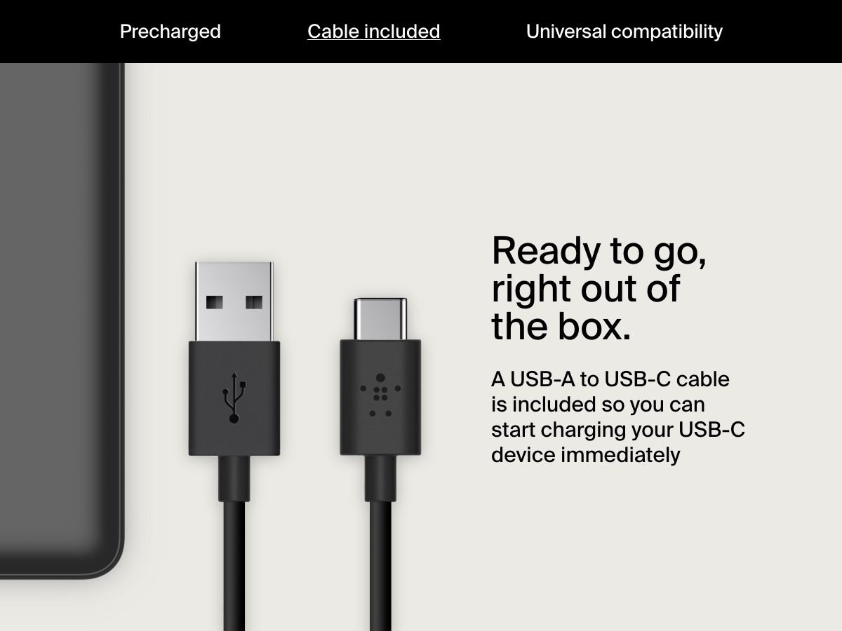 A USB-A to USB-C charging cable is shown next to a black Belkin BoostCharge Power Bank 20K with text indicating it&rsquo;s included for immediate charging out of the box.