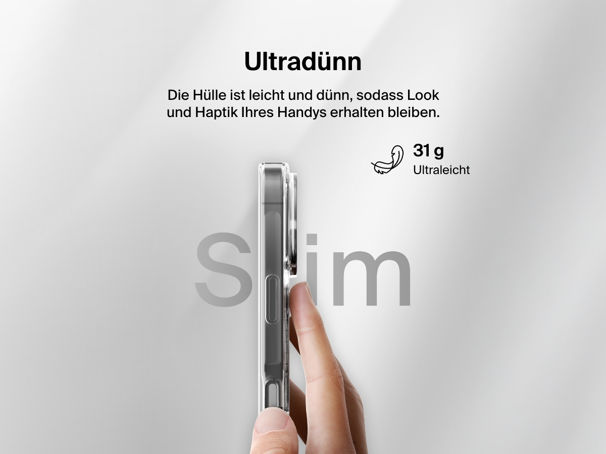 A promotional image showcasing the ultra-thin design of the SheerForce&trade; Magnetic iPhone Case. A hand holds the slim, lightweight case, emphasizing its minimalist form factor that maintains the phone&rsquo;s natural look and feel. The text highlights the 31g ultra-light weight, ensuring a comfortable and sleek user experience.