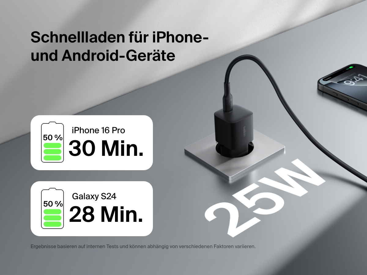 Belkin BoostCharge USB-C Wall Charger 25W delivers fast charging for iPhone 16 Pro and Galaxy S24, powering up to 50% in around 30 minutes.