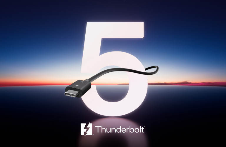 An image showcasing a Belkin Connect Thunderbolt 5 cable against a sunset background, with a bold '5' and the Thunderbolt logo prominently displayed.