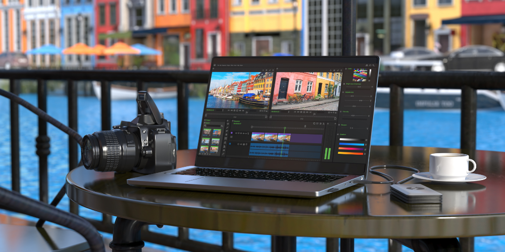A stylish outdoor workspace set on a round metal café table overlooking a waterfront with colorful European buildings and boats. The setup includes a sleek laptop running video editing software, a professional DSLR camera, an external storage device, and a cup of coffee. The scene is illuminated by natural daylight, creating a relaxing yet productive atmosphere with a blend of technology and scenic beauty.