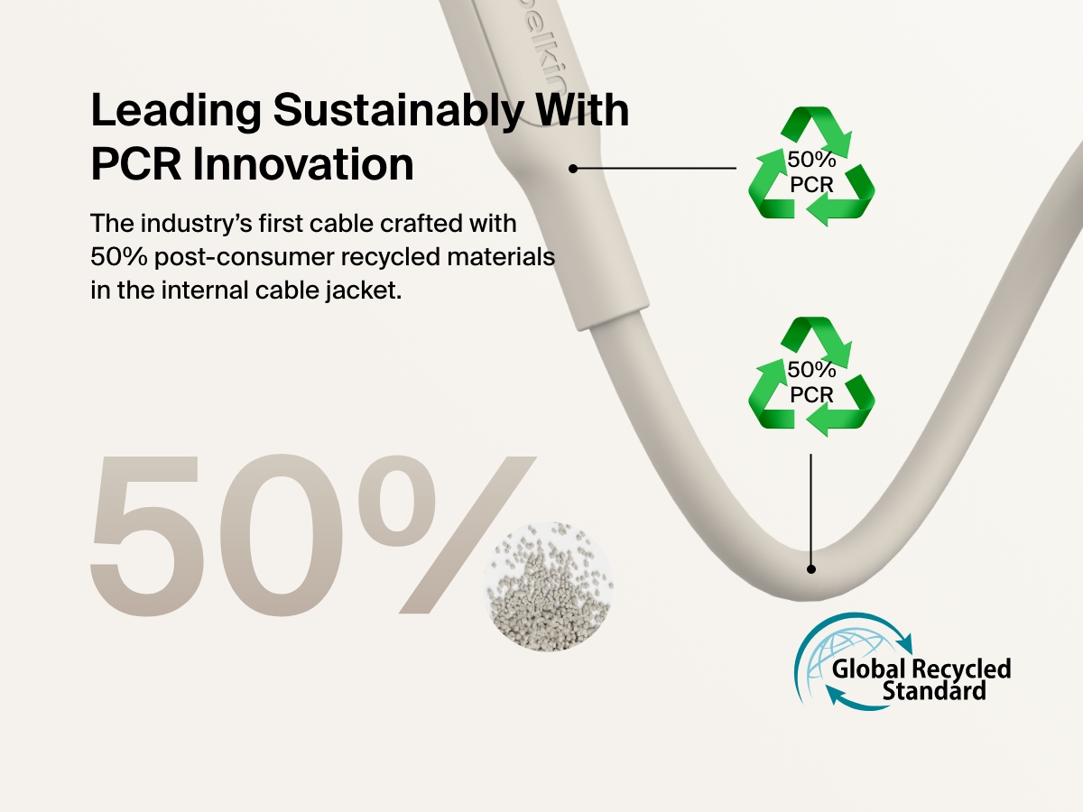 Belkin BoostCharge Pro USB-C to USB-C Braided Cable 60W is the industry&rsquo;s first cable made with 50% post-consumer recycled materials in the internal jacket, certified by the Global Recycled Standard.