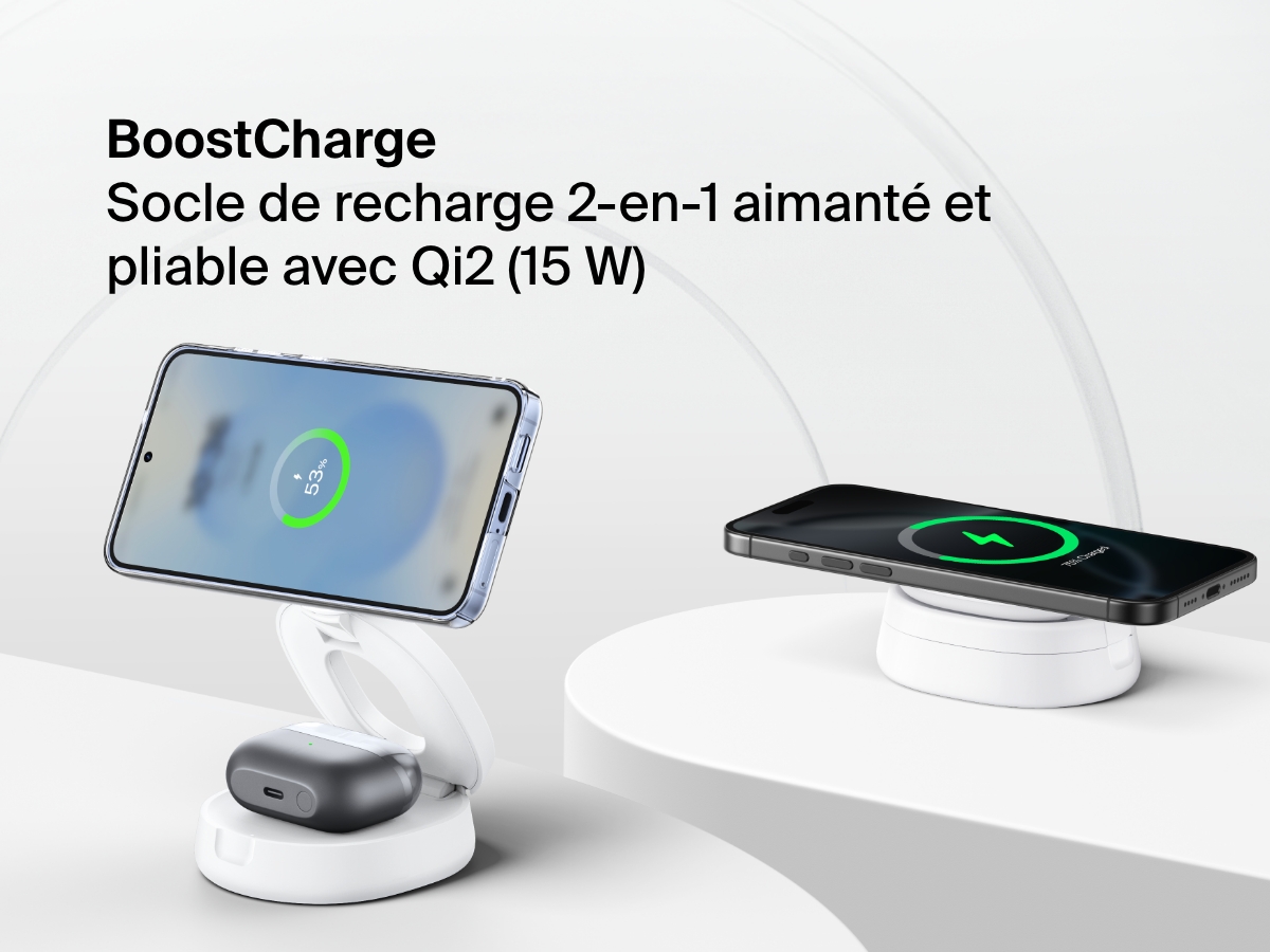 Belkin BoostCharge 2-in-1 Convertible Magnetic Charging Stand with Qi2 15W shown charging a smartphone and wireless earbuds in both upright and flat configurations.