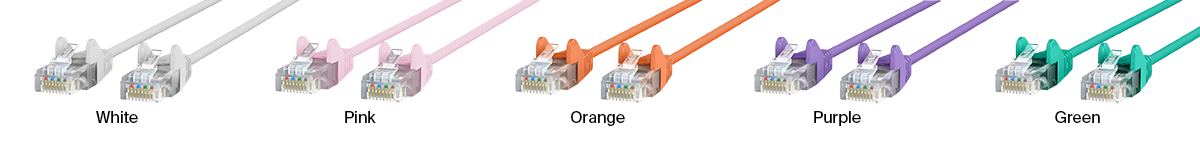 5 Belkin networking cables, one in white, one in pink, one in orange, one in purple, and one in green.