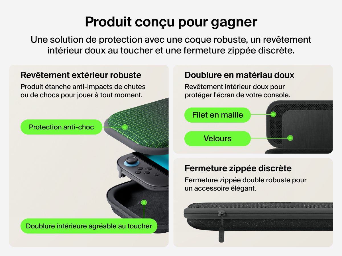 La pochette de transport Belkin Gaming pour Nintendo&nbsp;Switch&nbsp;2 est compos&eacute;e d'un rev&ecirc;tement robuste, d'un int&eacute;rieur doux au toucher en velours, d'une fermeture zipp&eacute;e et d'un filet en maille pour mettre en avant son c&ocirc;t&eacute; durable, protecteur et portable.