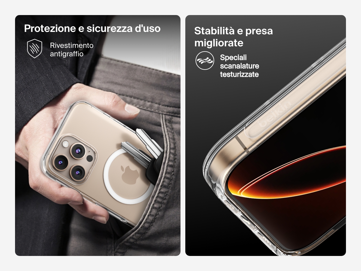 A dual-image showcase of the SheerForce&trade; Magnetic iPhone Case's key protective features. The left image highlights the anti-scratch coating, showing the case protecting an iPhone from keys in a pocket. The right image focuses on the enhanced stability and grip, featuring special textured grooves that improve handling and reduce the risk of slipping.