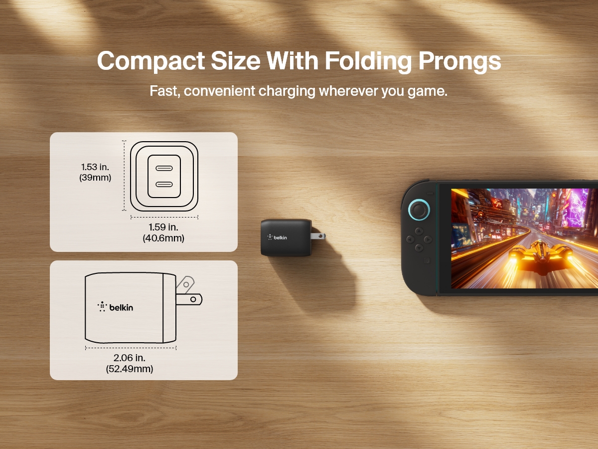 Belkin Gaming Dual USB-C Wall Charger 65W features a compact, travel-friendly design with folding prongs, ideal for fast charging the Nintendo Switch 2 on the go.