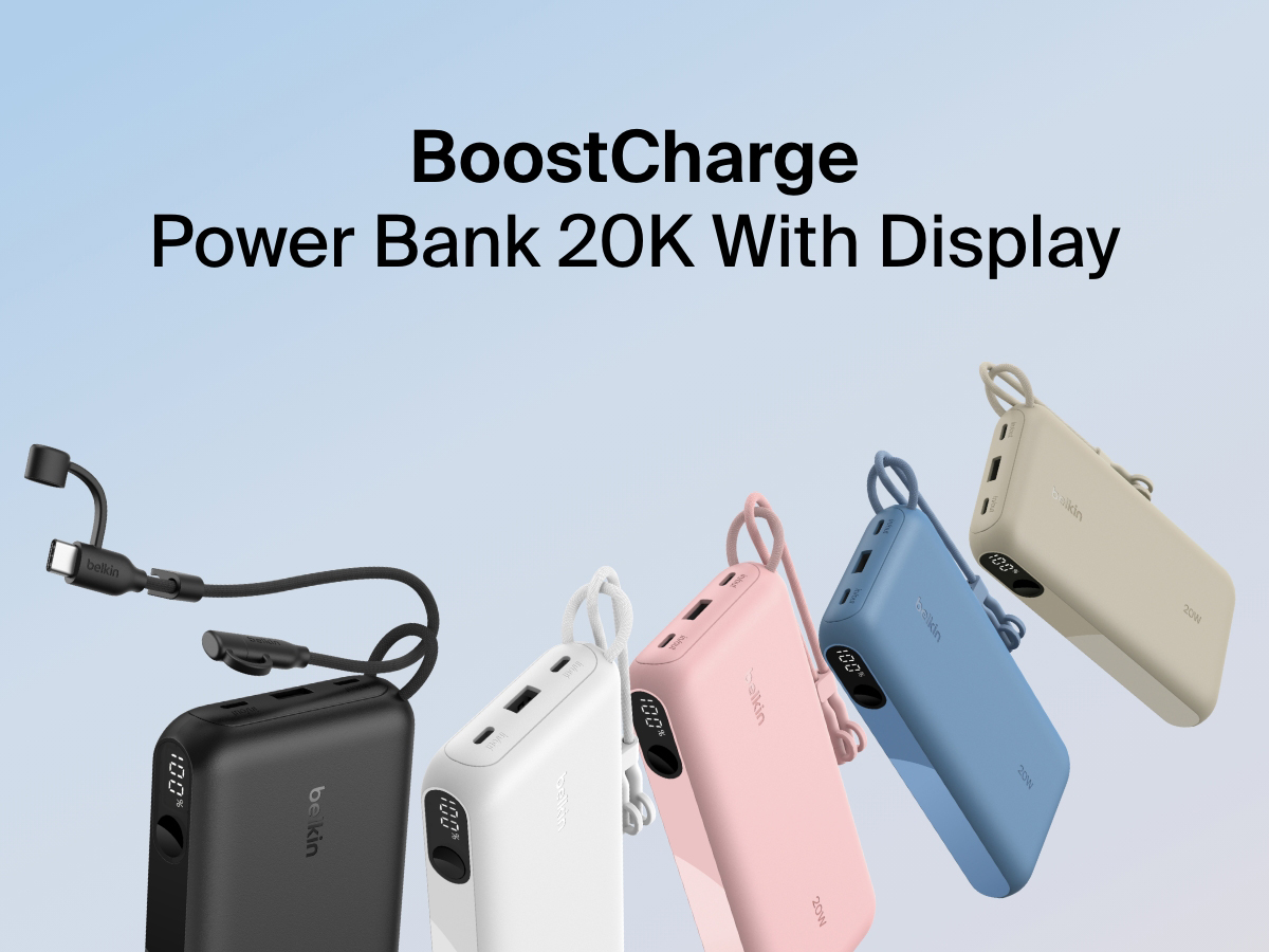 Belkin BoostCharge Power Bank 20000mAh with Displayは、ブラック、ホワイト、ピンク、ブルー、サンドの5色展開で、デュアルポート、一体型USB-Cケーブル、バッテリー残量が一目でわかるLEDディスプレイを備えています。